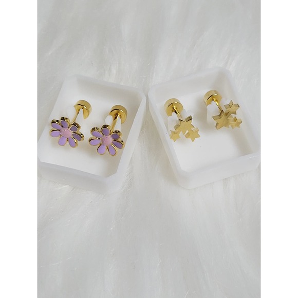 2 Sets of Star and Purple Flower Style Stainless Steel Earrings  02034 - Picture 3 of 10